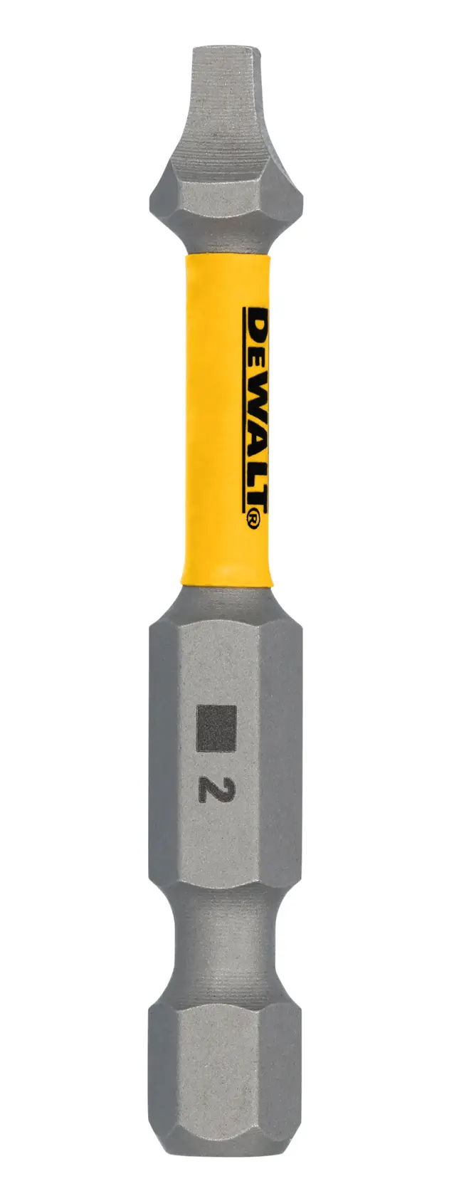 A DEWALT branded screwdriver bit with a yellow center and gray ends, labeled with number 2.