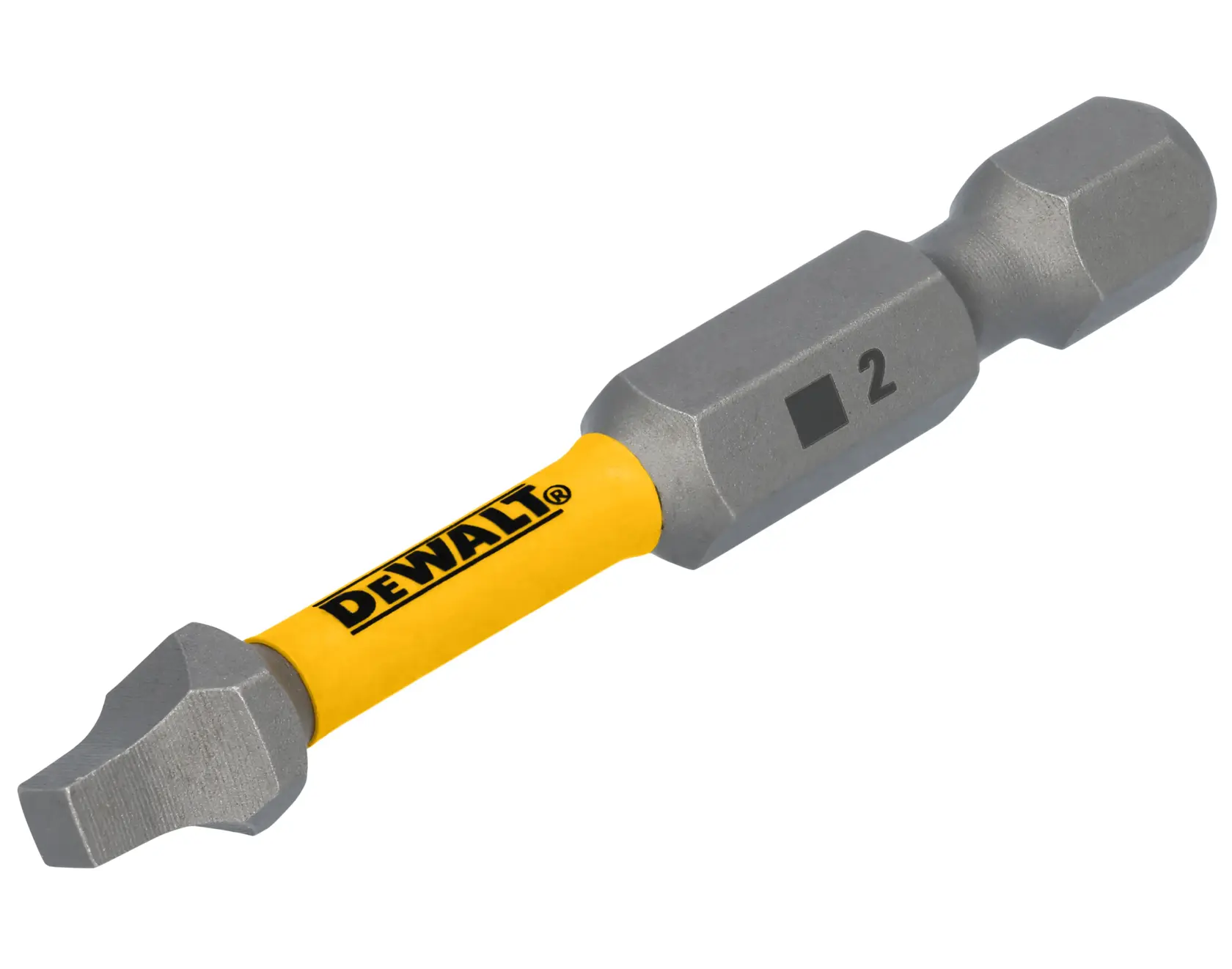 A DEWALT branded yellow and silver screwdriver bit with a square tip, marked with the number 2.