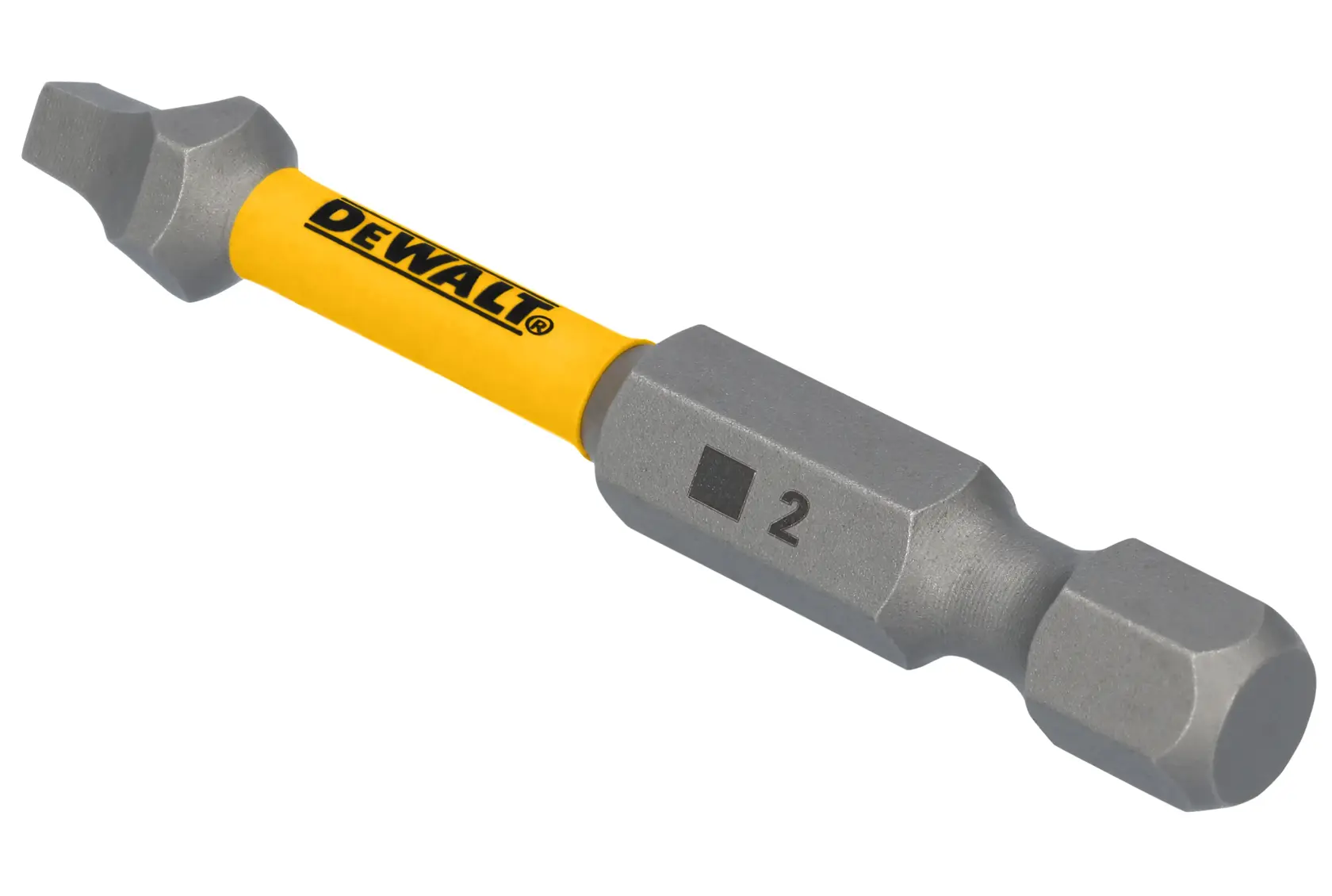 A DEWALT branded double-ended screwdriver bit with a yellow shaft and hexagonal ends, featuring a square drive size marking of '2'.