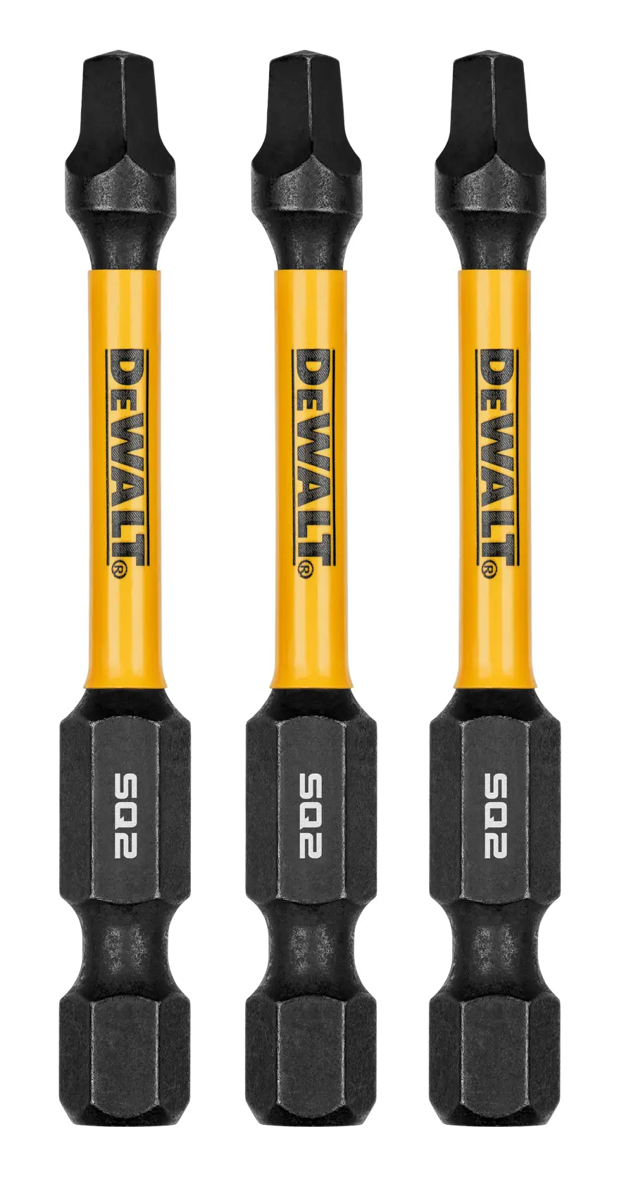 Three DEWALT branded screwdriver bits with yellow shafts and black ends, labeled SQ2, arranged side by side on a white background.