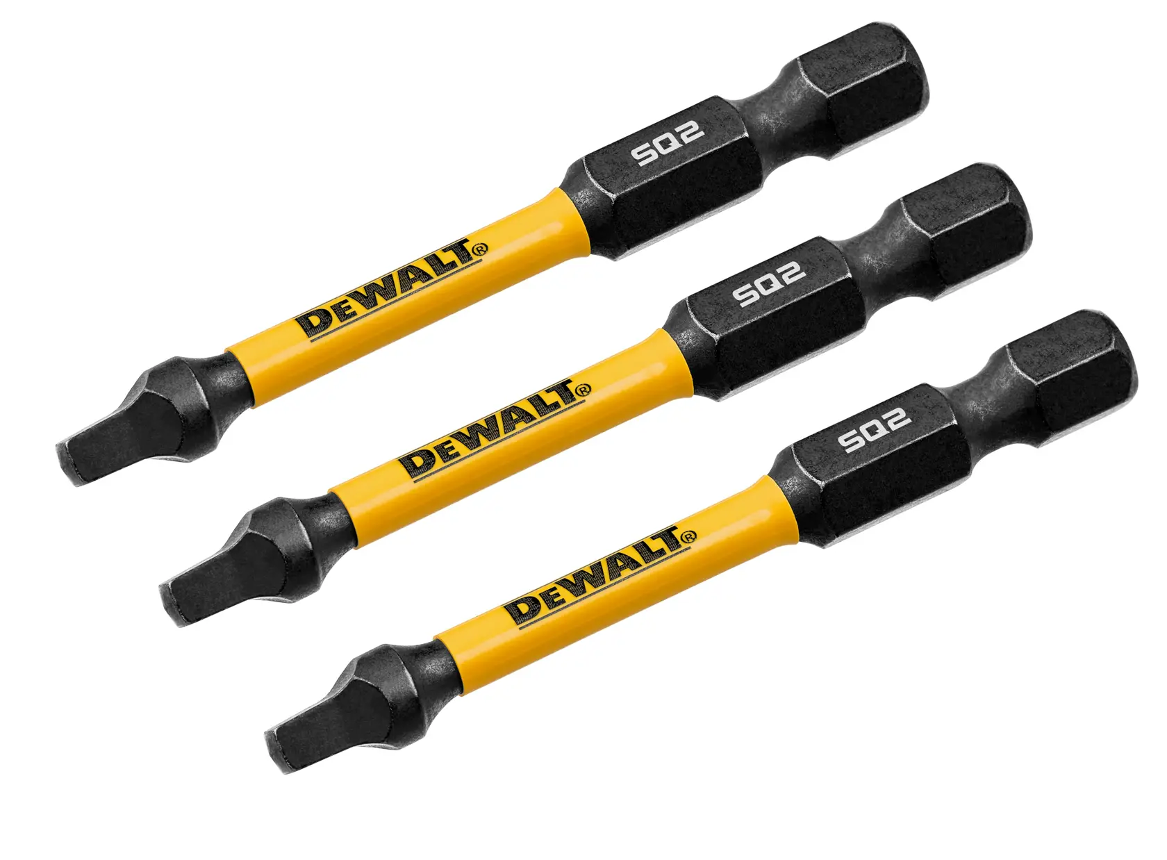 Three DEWALT branded screwdriver bits with yellow shafts and black ends, labeled SQ2, arranged diagonally on a white background.