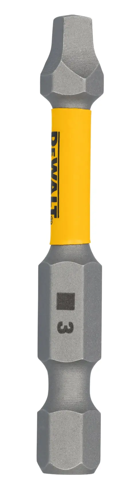 A DEWALT branded double-sided screwdriver bit with a yellow center. It is designed for power tools and features a square tip with the number 3 marked on one end.