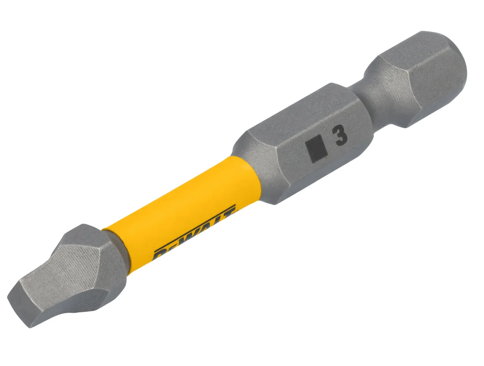 A DEWALT double-ended screwdriver bit with a yellow shaft and silver tips. The bit is square-shaped on both ends and marked with a '3' on the side.