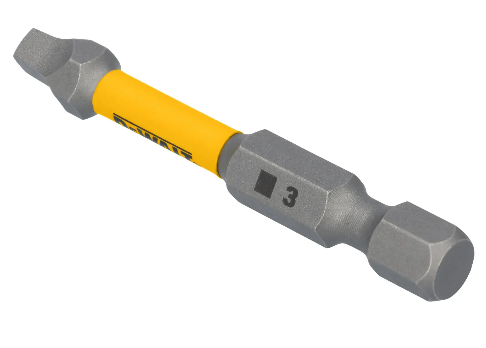 A DEWALT branded screwdriver bit with a yellow shank and gray ends. The bit is marked with a square symbol and the number 3.