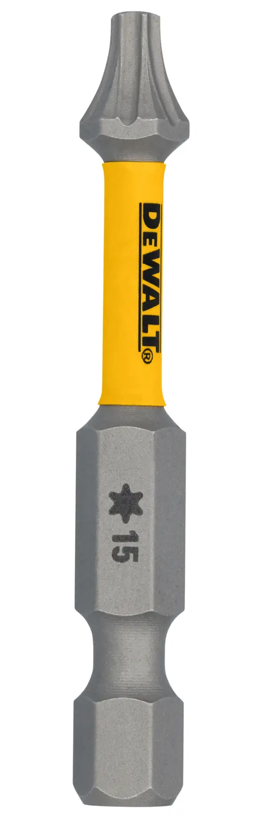 A DEWALT branded screwdriver bit with a yellow center section, star-shaped tip, and marked with '15' on the gray end.