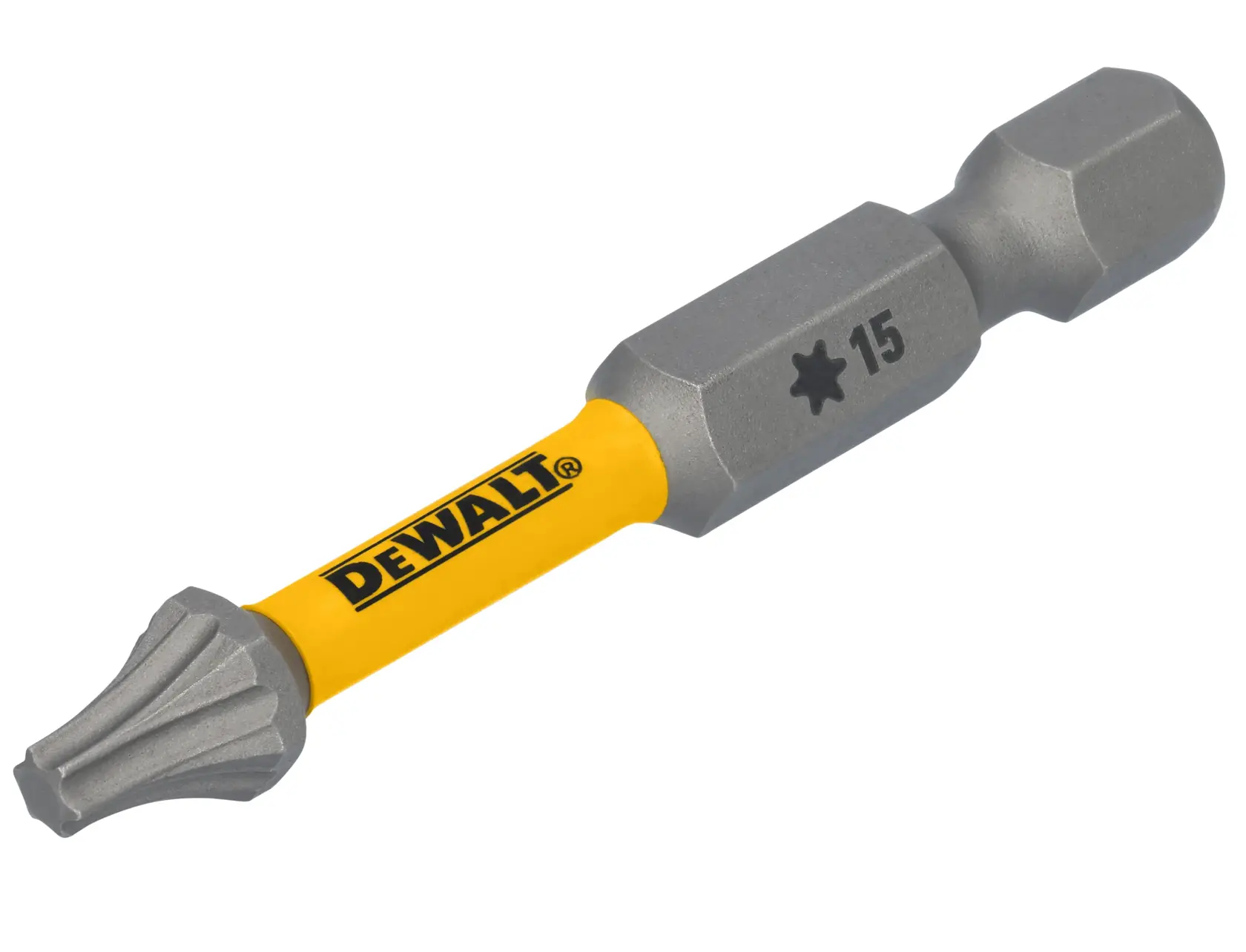 A DEWALT branded Torx screwdriver bit with a yellow shaft and silver colored ends, marked with size T15.