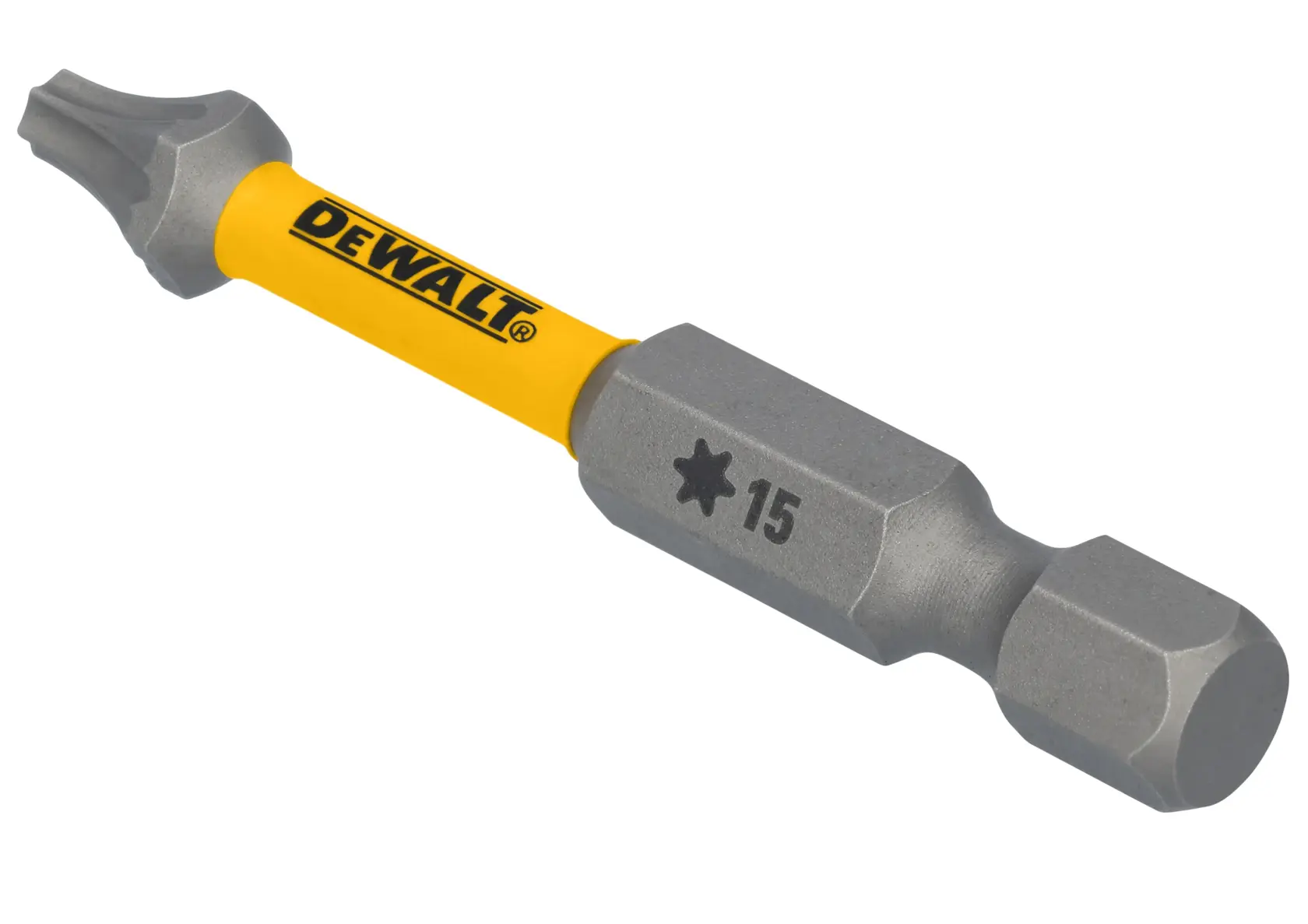 A DEWALT branded Torx screwdriver bit with yellow and gray coloring, marked with a star symbol and the number 15.
