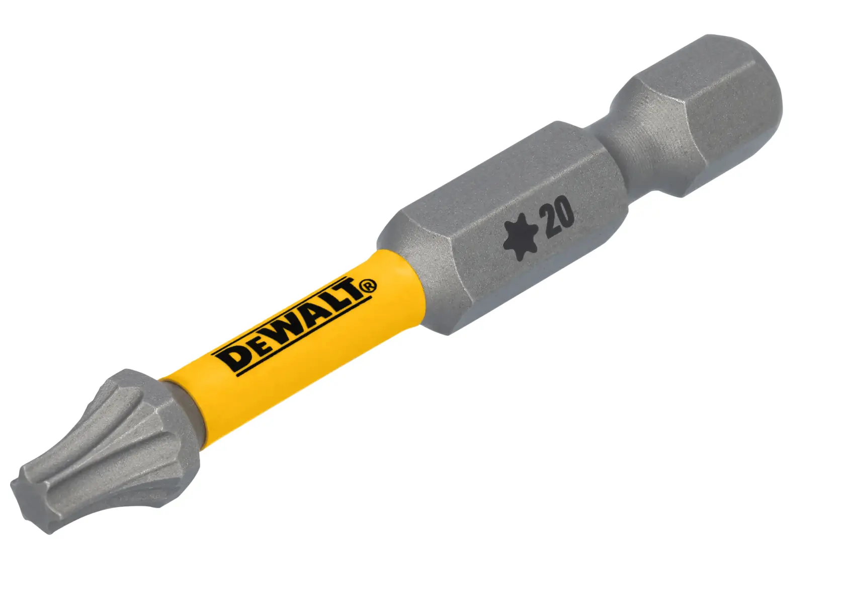 A close-up view of a DEWALT branded star-shaped Torx screwdriver bit with a yellow shank and grey metal ends, marked with '20' and a star symbol.
