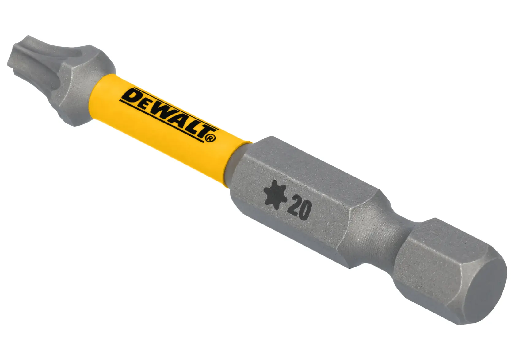 A DEWALT branded star-shaped Torx screwdriver bit labeled as size 20, with a yellow and metallic gray design.