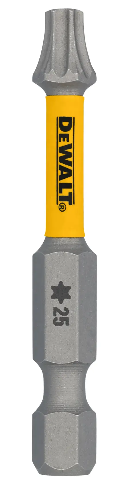 A DEWALT branded screwdriver bit with a yellow center section and silver ends. The bit has a star-shaped tip and the number 25 printed on it.
