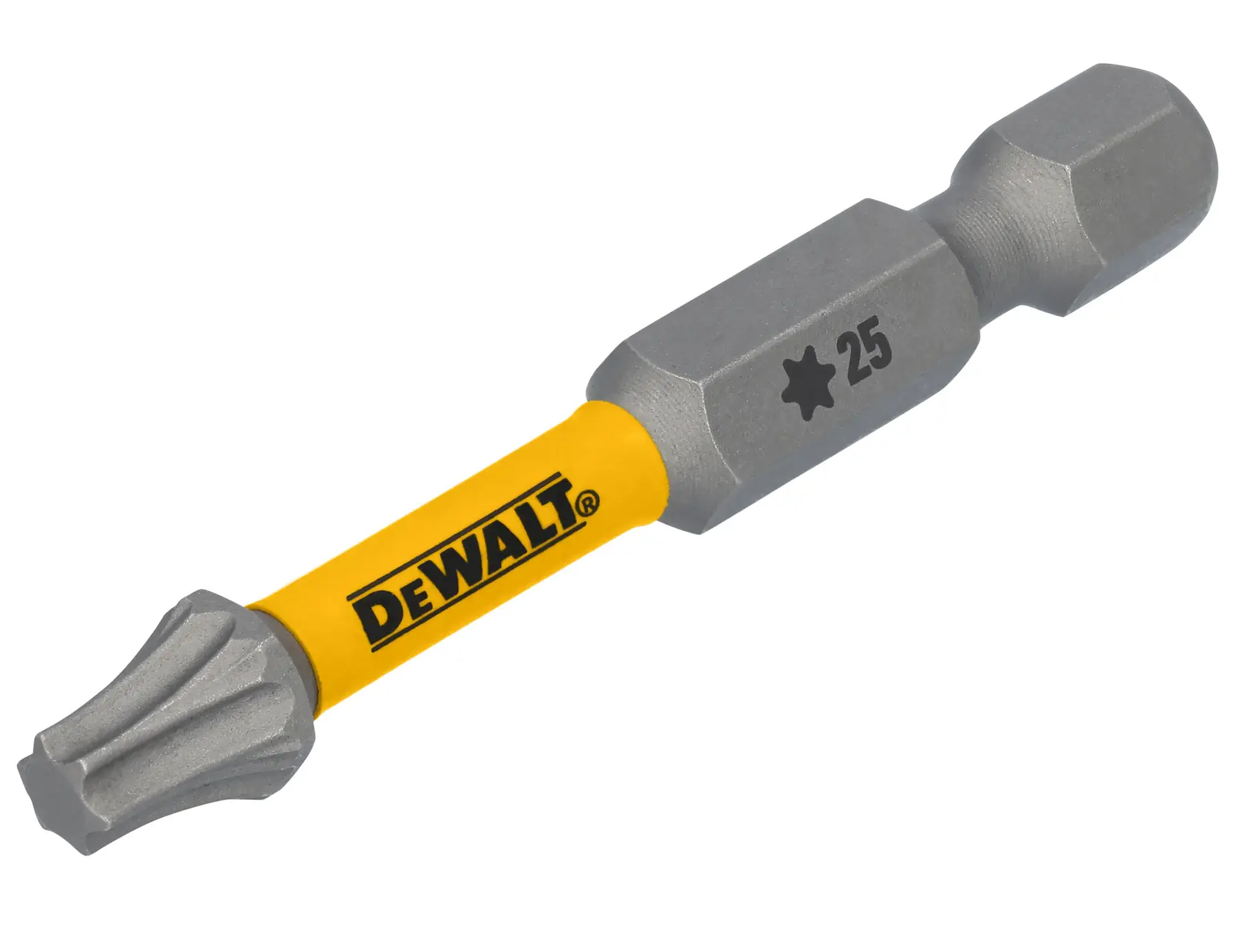 A DEWALT branded Torx screwdriver bit with a yellow shaft, marked with a star symbol and the number 25.