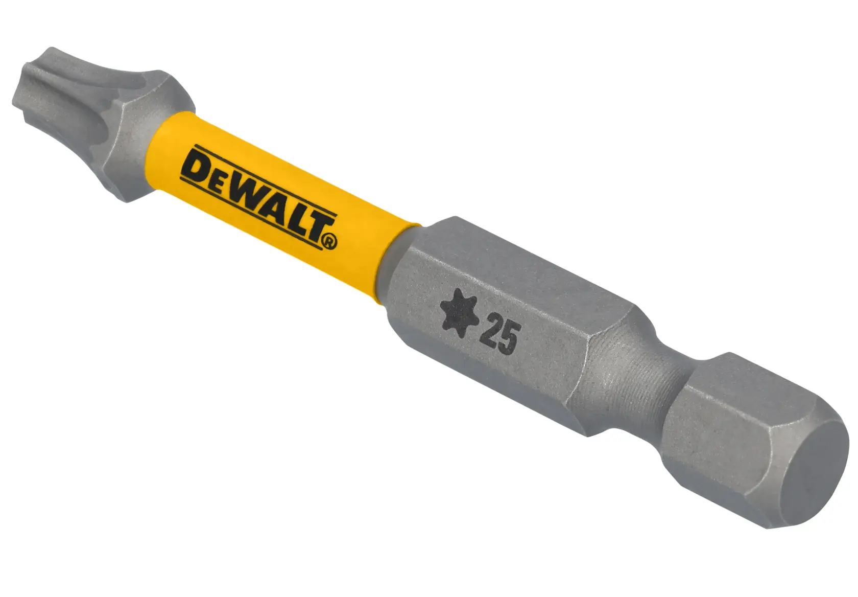 A close-up image of a DEWALT branded screwdriver bit with a yellow shank and a Torx T25 tip.