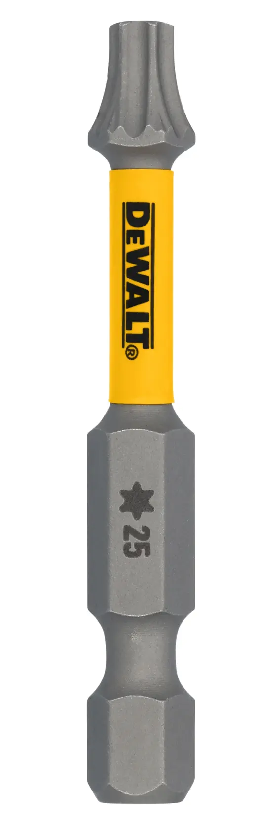 A DEWALT branded star-shaped screwdriver bit, model DWAF2TX25-5H, with a yellow center and gray ends. The bit has a '25' marking and is used for driving screws with a star or Torx pattern.