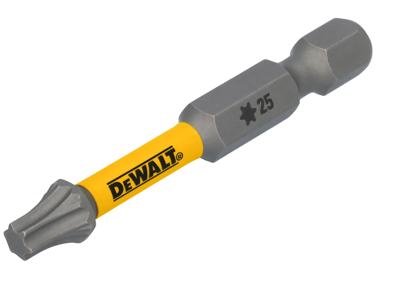 A DEWALT branded Torx 25 screwdriver bit with a yellow shaft and gray tip, designed for use with power tools.