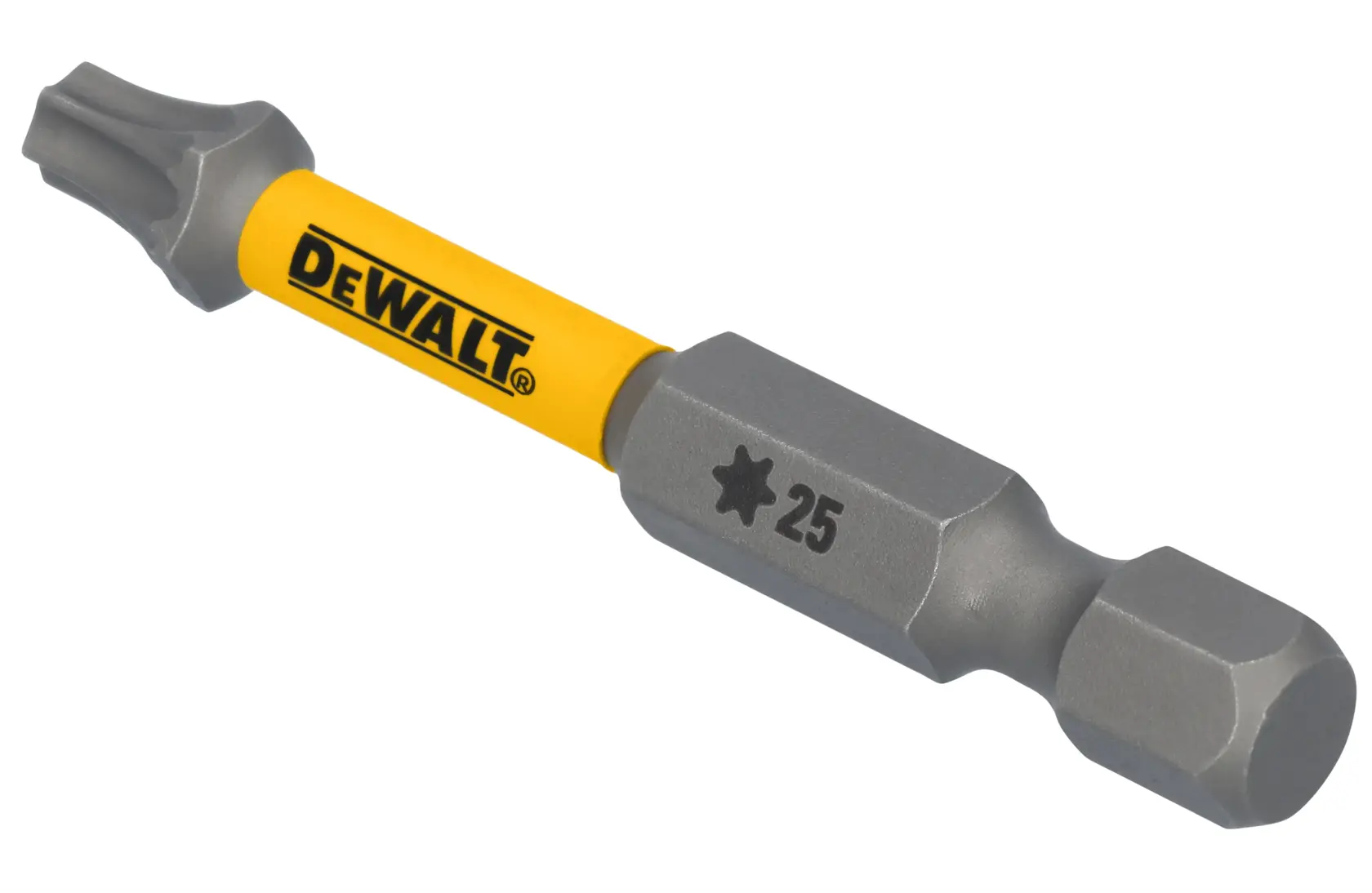 A DEWALT branded Torx screwdriver bit, size T25, with a yellow and silver finish.