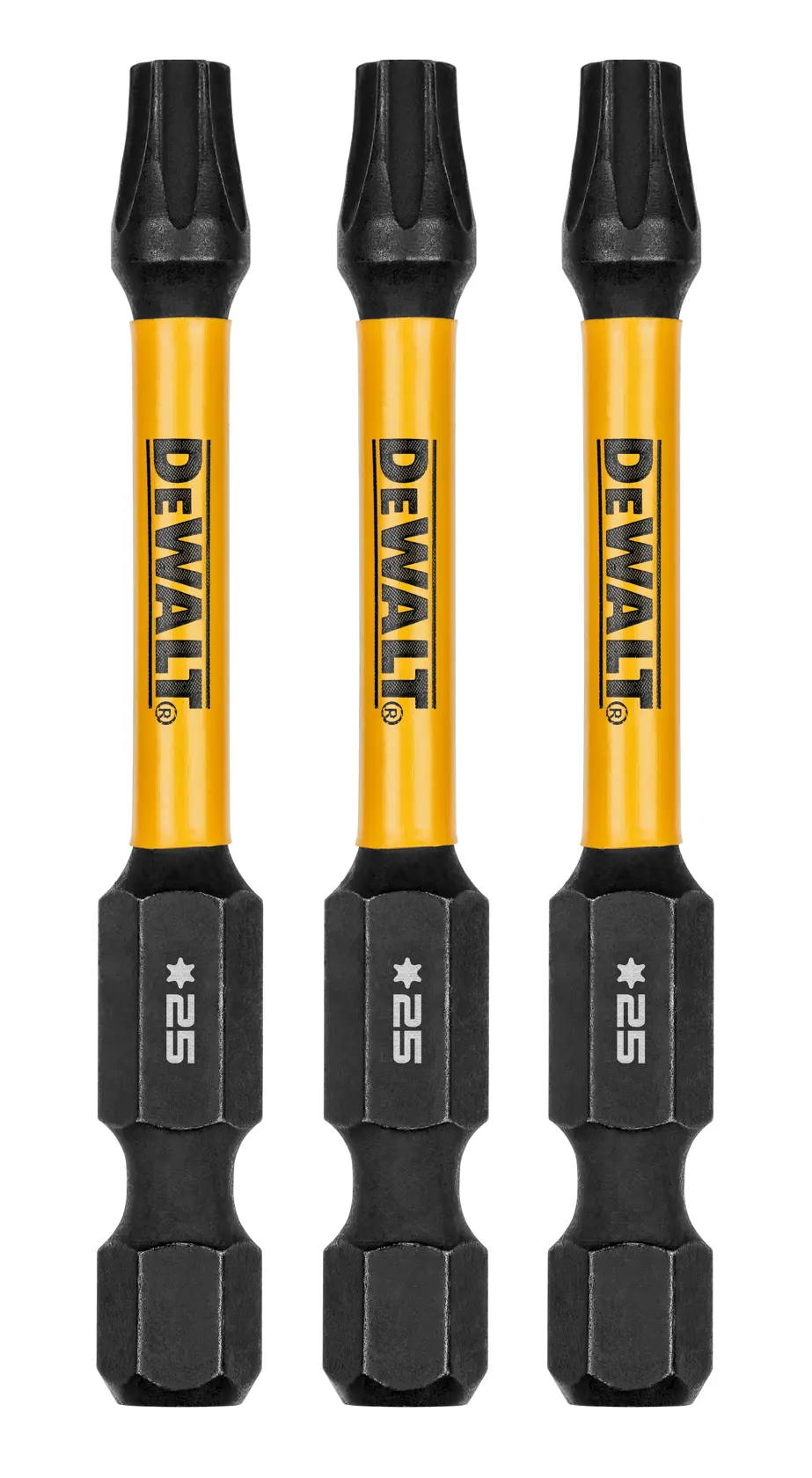 Three DEWALT branded screwdriver bits with yellow shafts and black ends, each marked with a star symbol and the number 25.