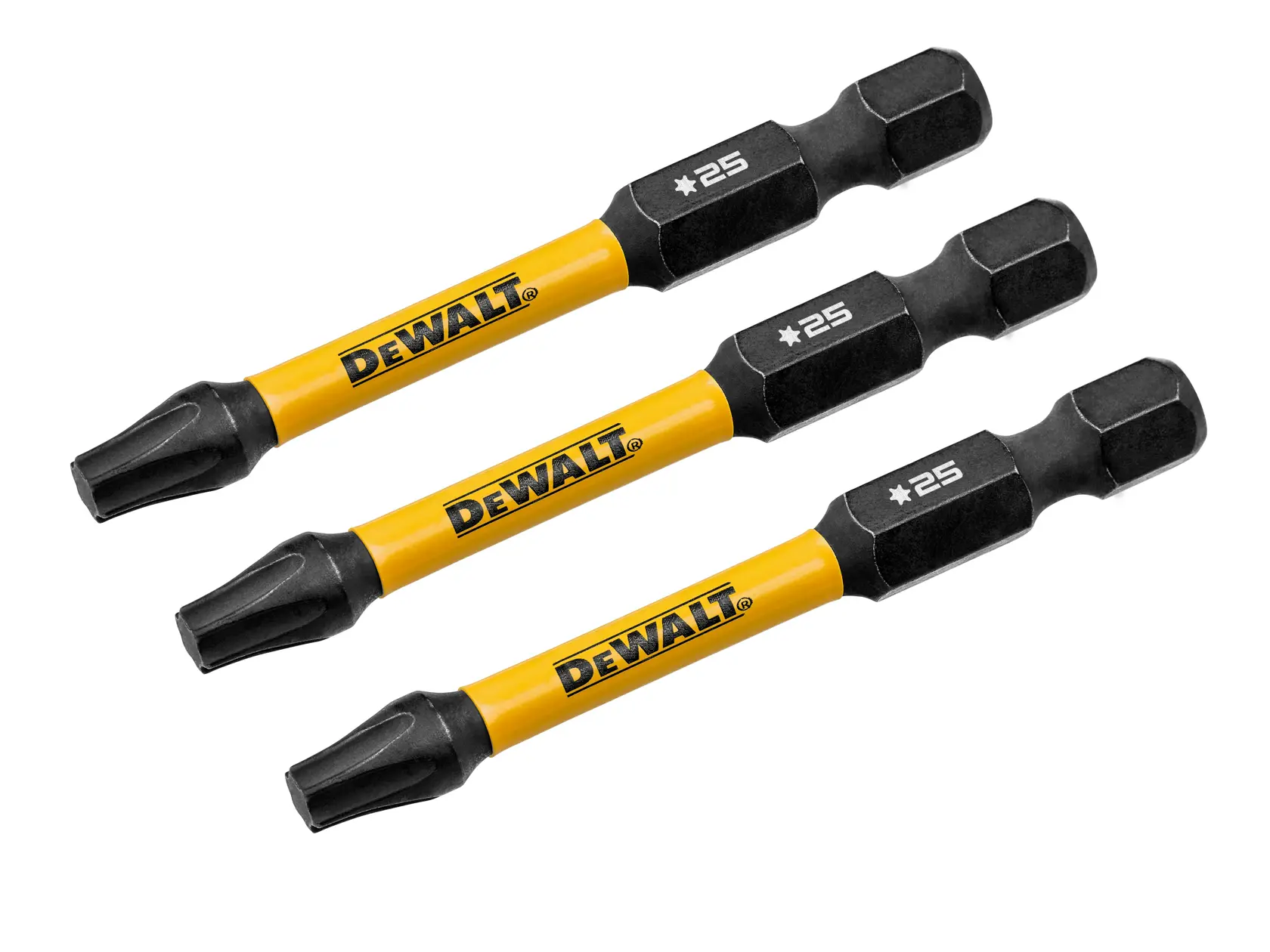 Three DEWALT branded T25 Torx impact ready screwdriver bits with yellow shafts and black ends, arranged diagonally on a white background.