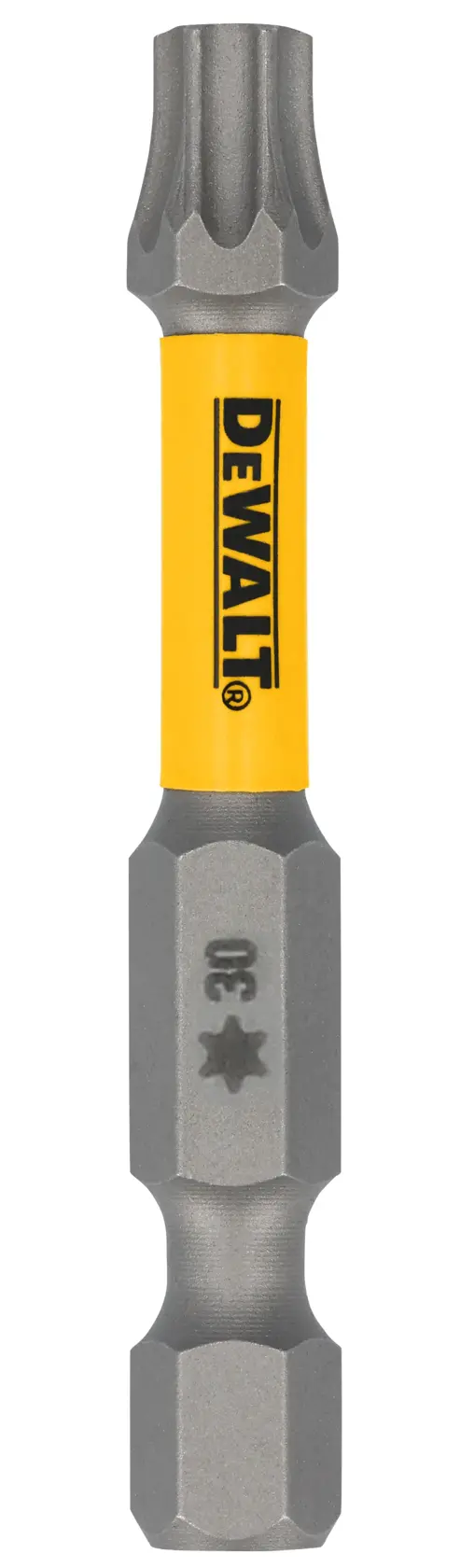 A DEWALT star-shaped screwdriver bit with a yellow shaft and metallic ends, marked with '30' and a star symbol.