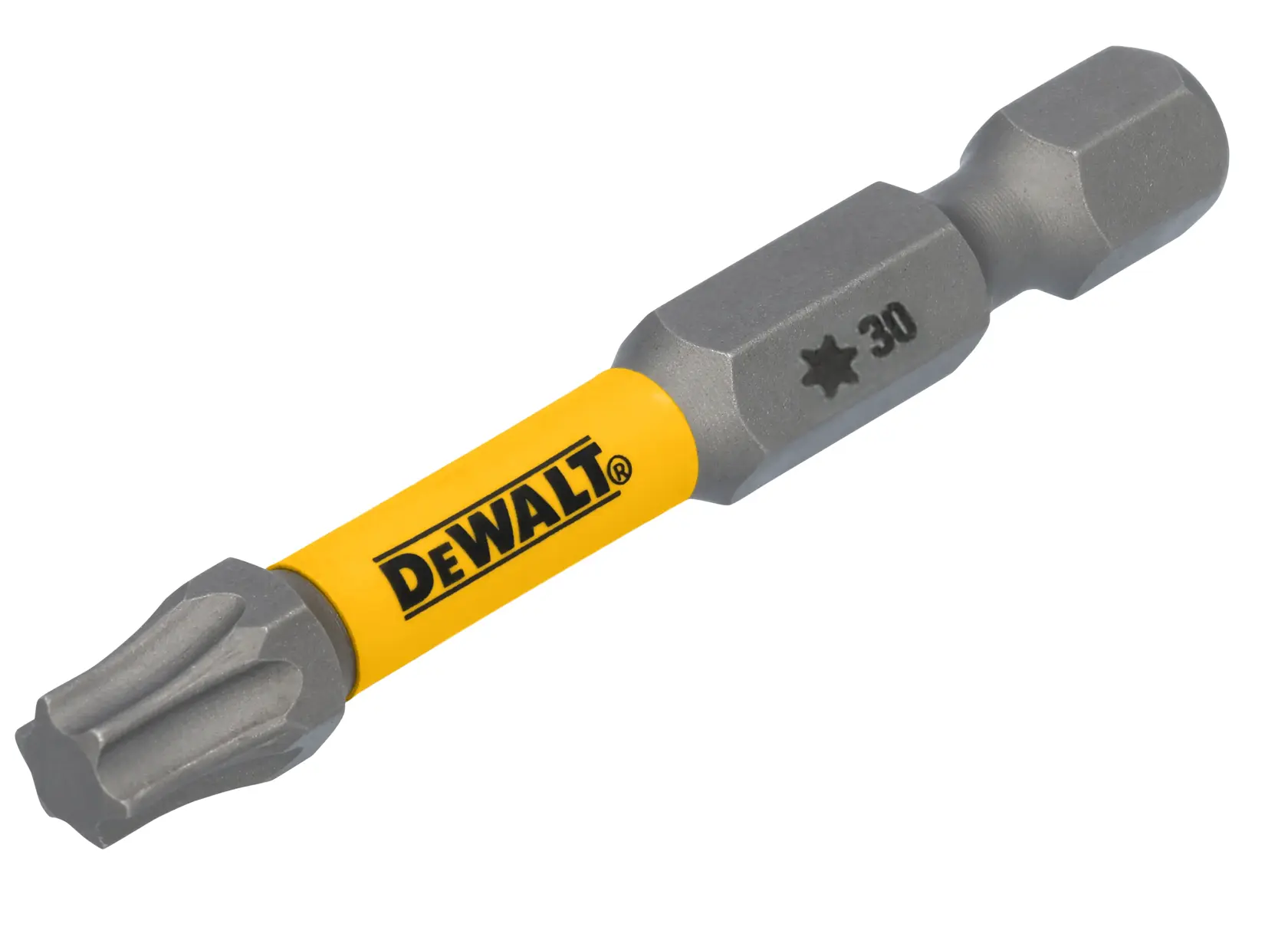 A DEWALT branded Torx 30 impact screwdriver bit with a yellow sleeve, designed for use with compatible screwdrivers and power tools.