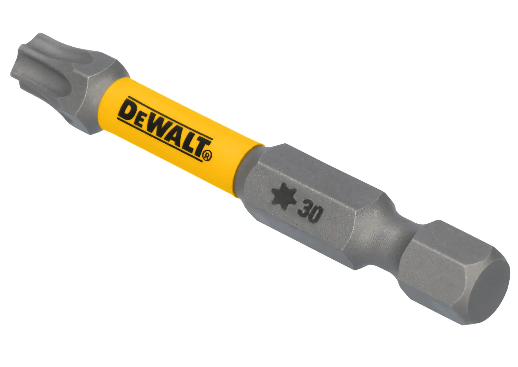 A DEWALT branded Torx screwdriver bit, size T30, with a yellow shank and grey metal ends.