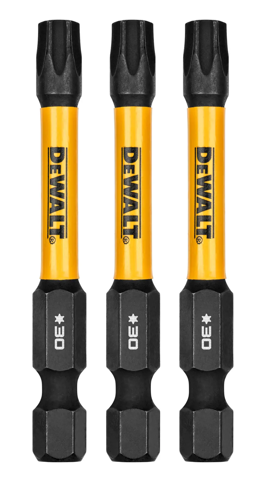 Three DEWALT branded screwdriver bits with yellow shafts and black tips, each marked with a star symbol and the number 30.