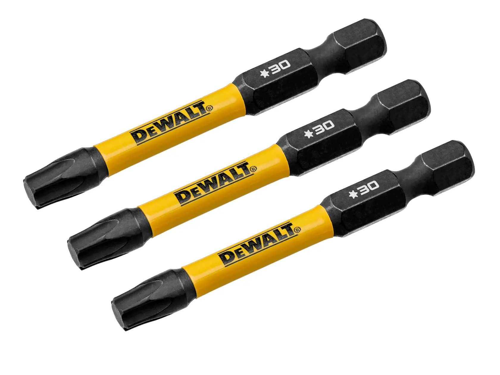 Three DEWALT branded T30 star (Torx) screwdriver bits with yellow shafts and black tips, arranged parallel on a white background.