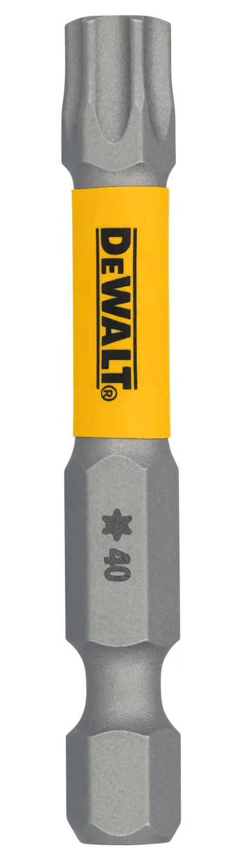A DEWALT branded Torx 40 screwdriver bit with a yellow label, designed for use with power tools.
