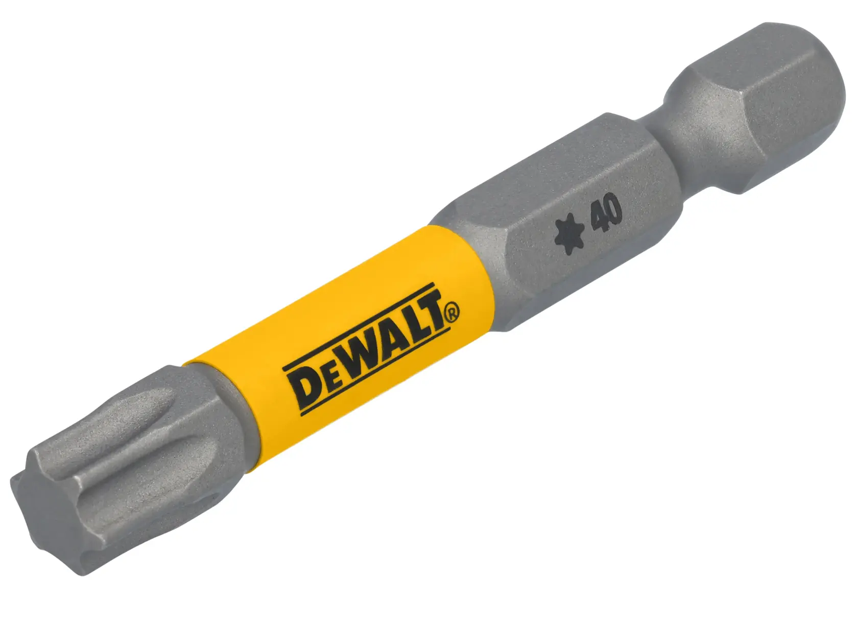 A DEWALT branded Torx screwdriver bit with a star-shaped tip and a yellow sleeve, marked with T40.