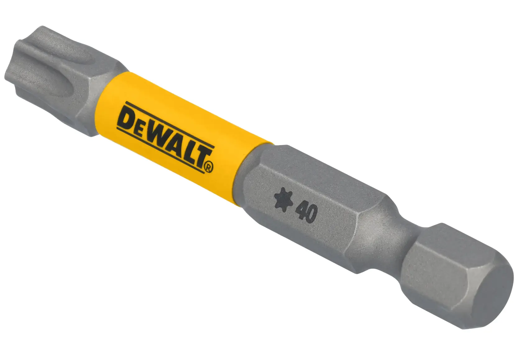 A DEWALT branded Torx 40 screwdriver bit with a yellow label, used for driving screws with star-shaped heads.