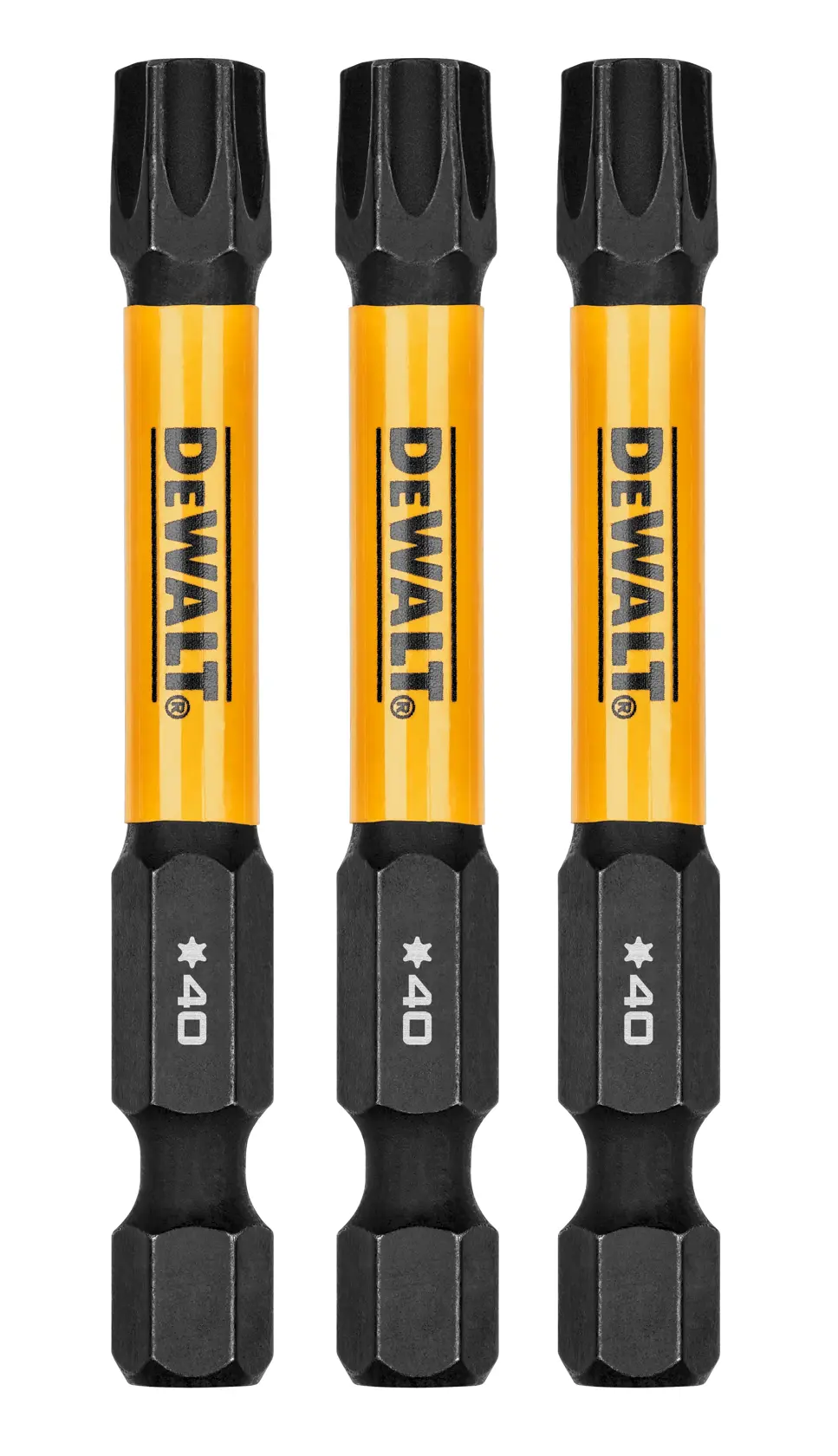 Three DEWALT branded star bit screwdriver attachments, type T40, with yellow and black design, displayed vertically side by side.