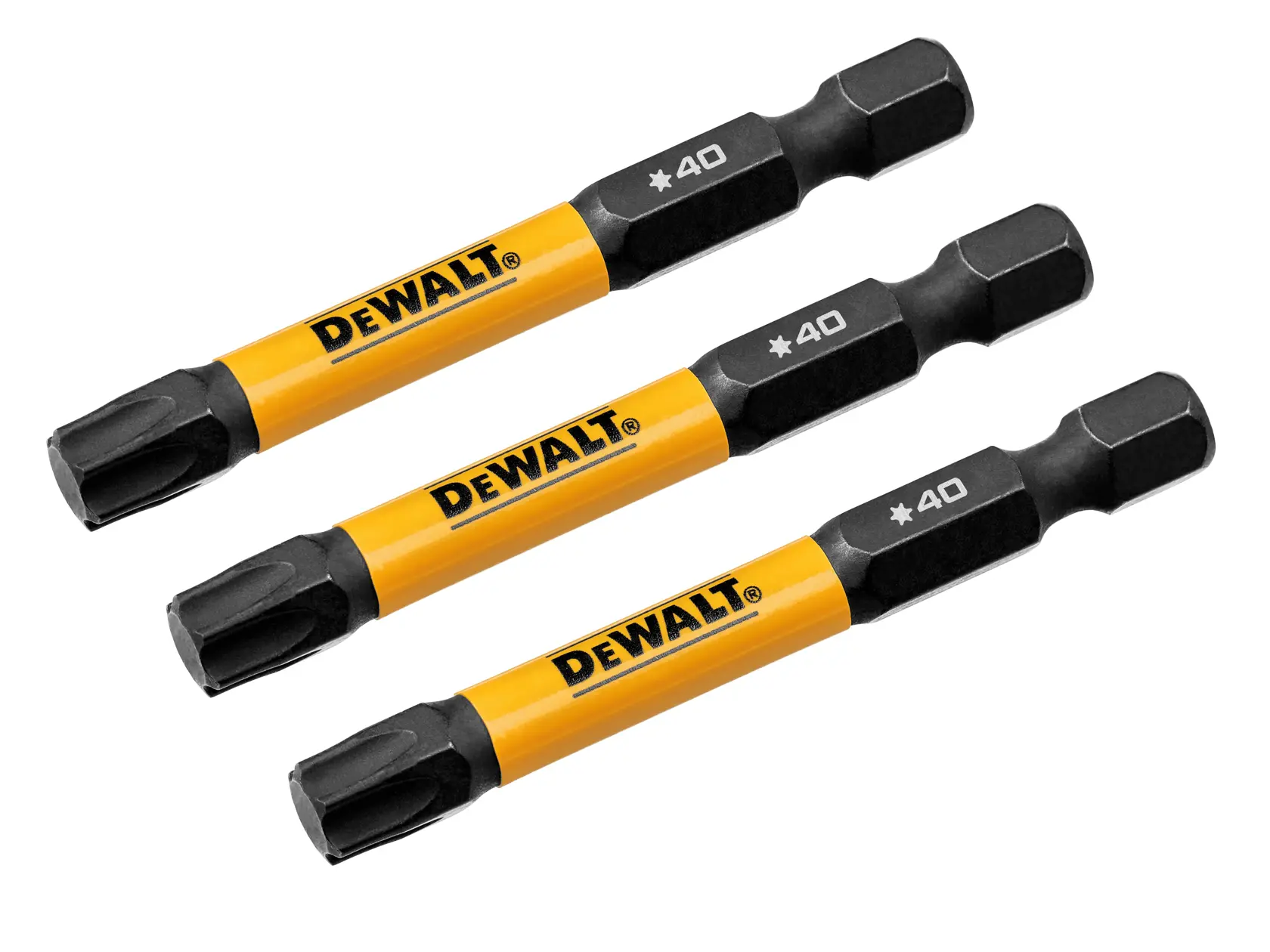 Three DEWALT branded impact-ready screwdriver bits, each with a yellow shaft and black tip, labeled with a star symbol and the number 40.