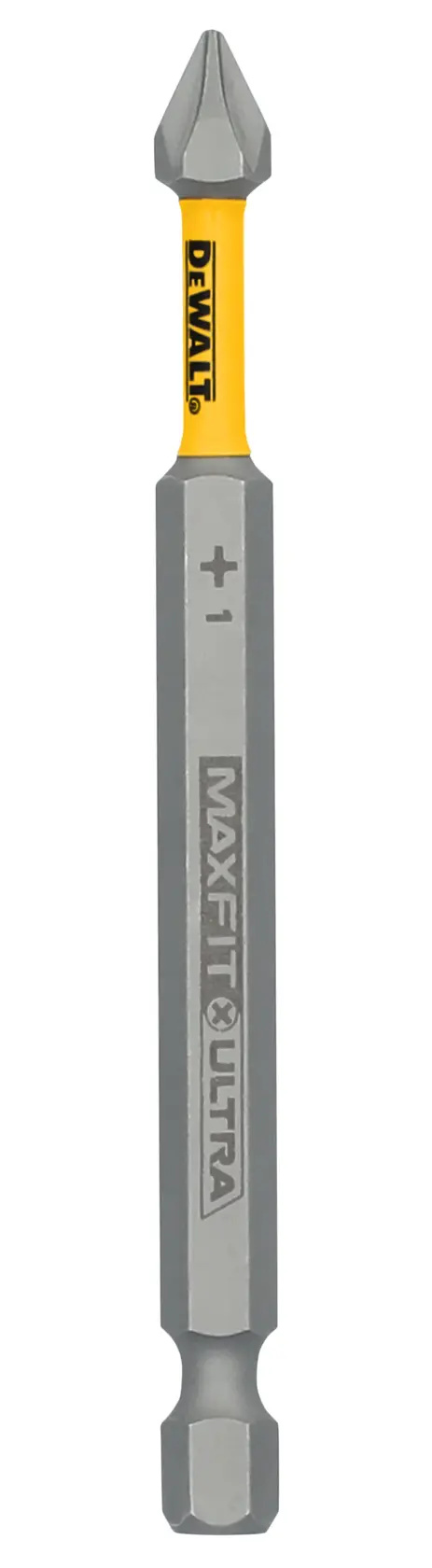 A DEWALT MAXFIT ULTRA screwdriver bit with a Phillips head, size PH1, featuring a yellow section with the DEWALT logo and gray metal finish.
