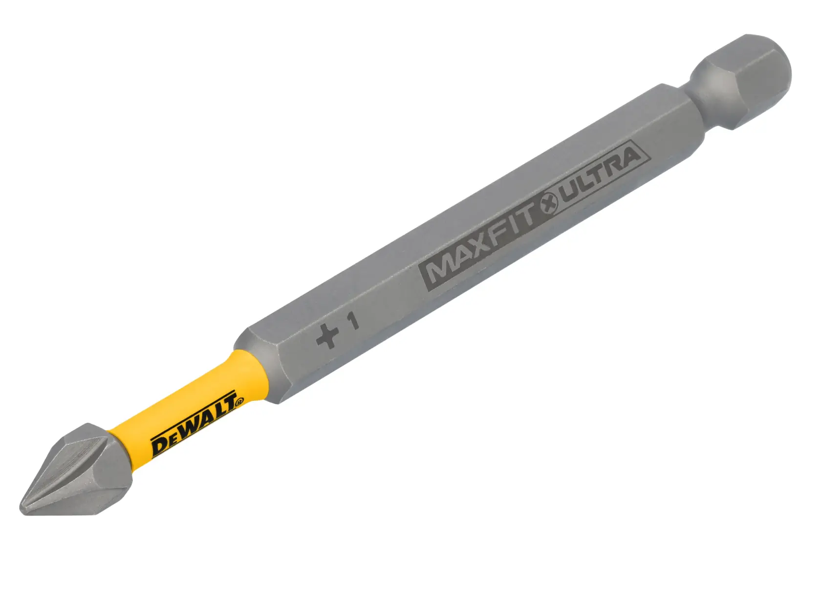 A DEWALT MaxFit Ultra Phillips screwdriver bit, size PH1, with a hex shank for use in power tools.
