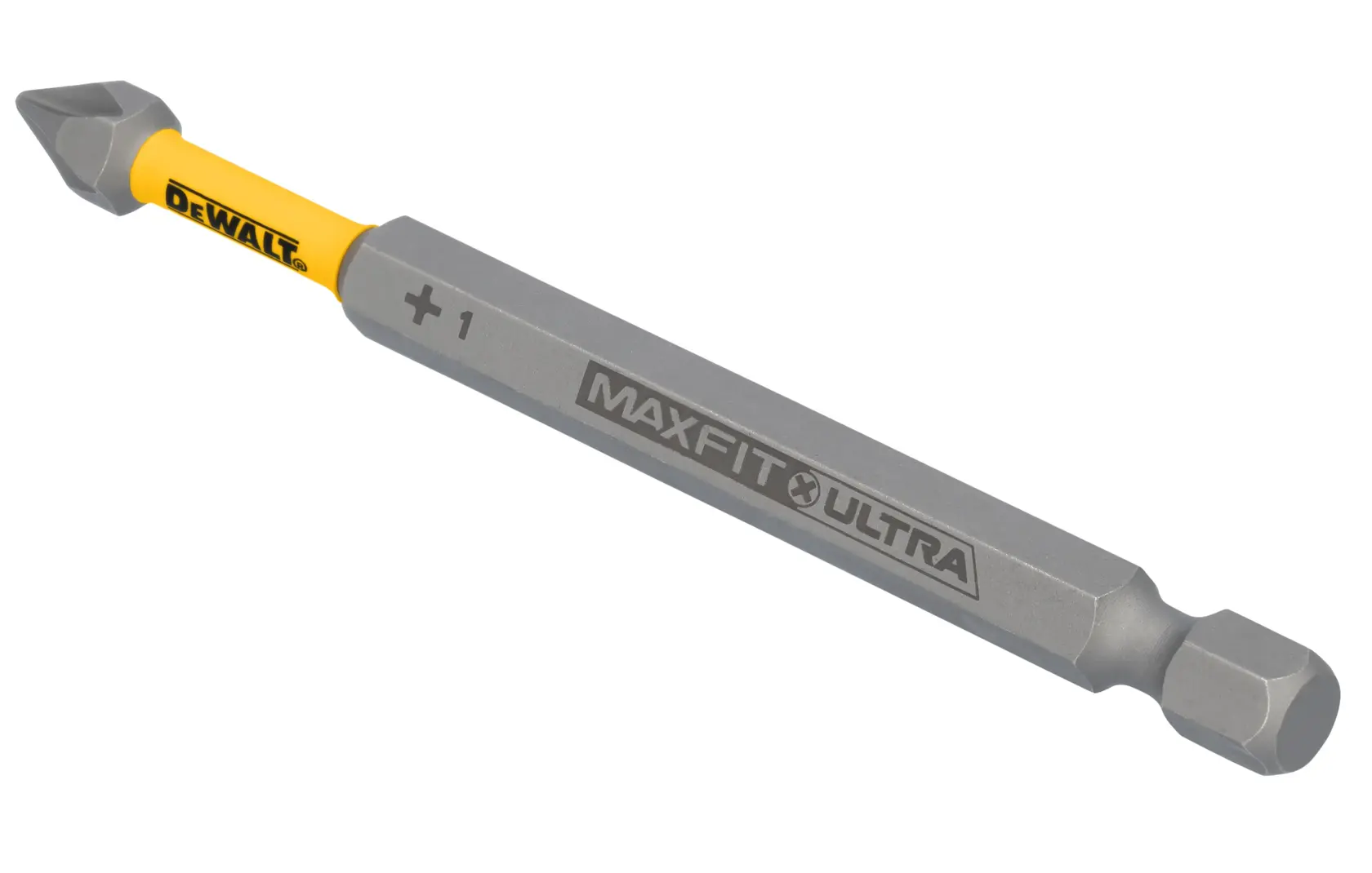 A DEWALT MaxFit Ultra PH1 screwdriver bit with a yellow shaft and gray tip, designed for use with power tools.