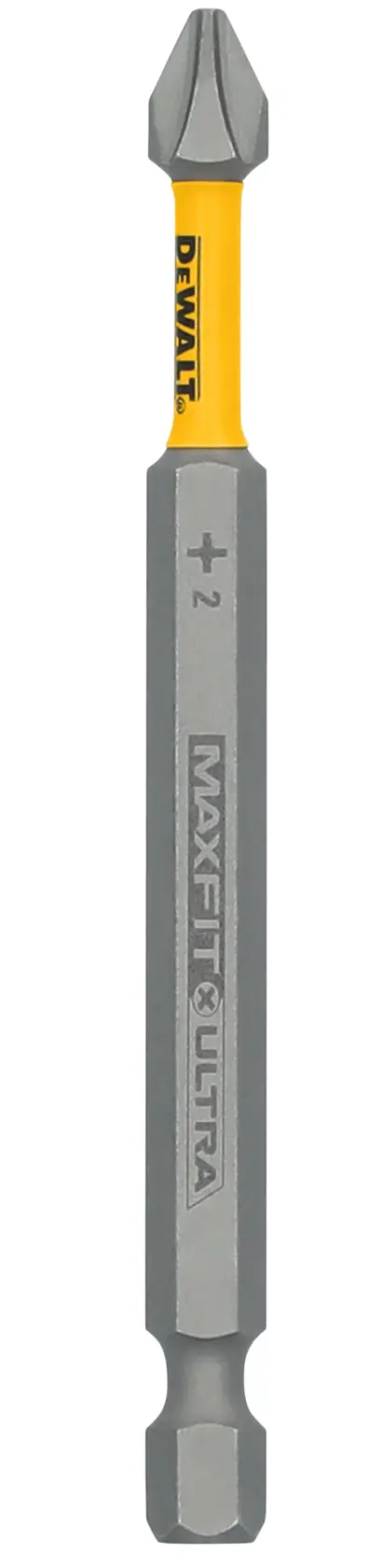 A DEWALT MAXFIT ULTRA Phillips #2 screwdriver bit with a yellow center and gray ends, designed for use with power drills.