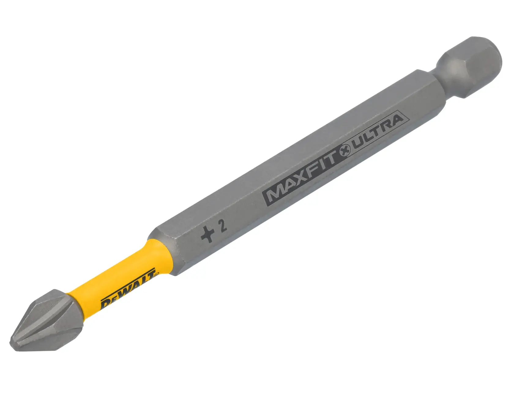 A DEWALT MaxFit Ultra Phillips screwdriver bit with a yellow and gray handle, labeled PH2 and designed for use with power tools.