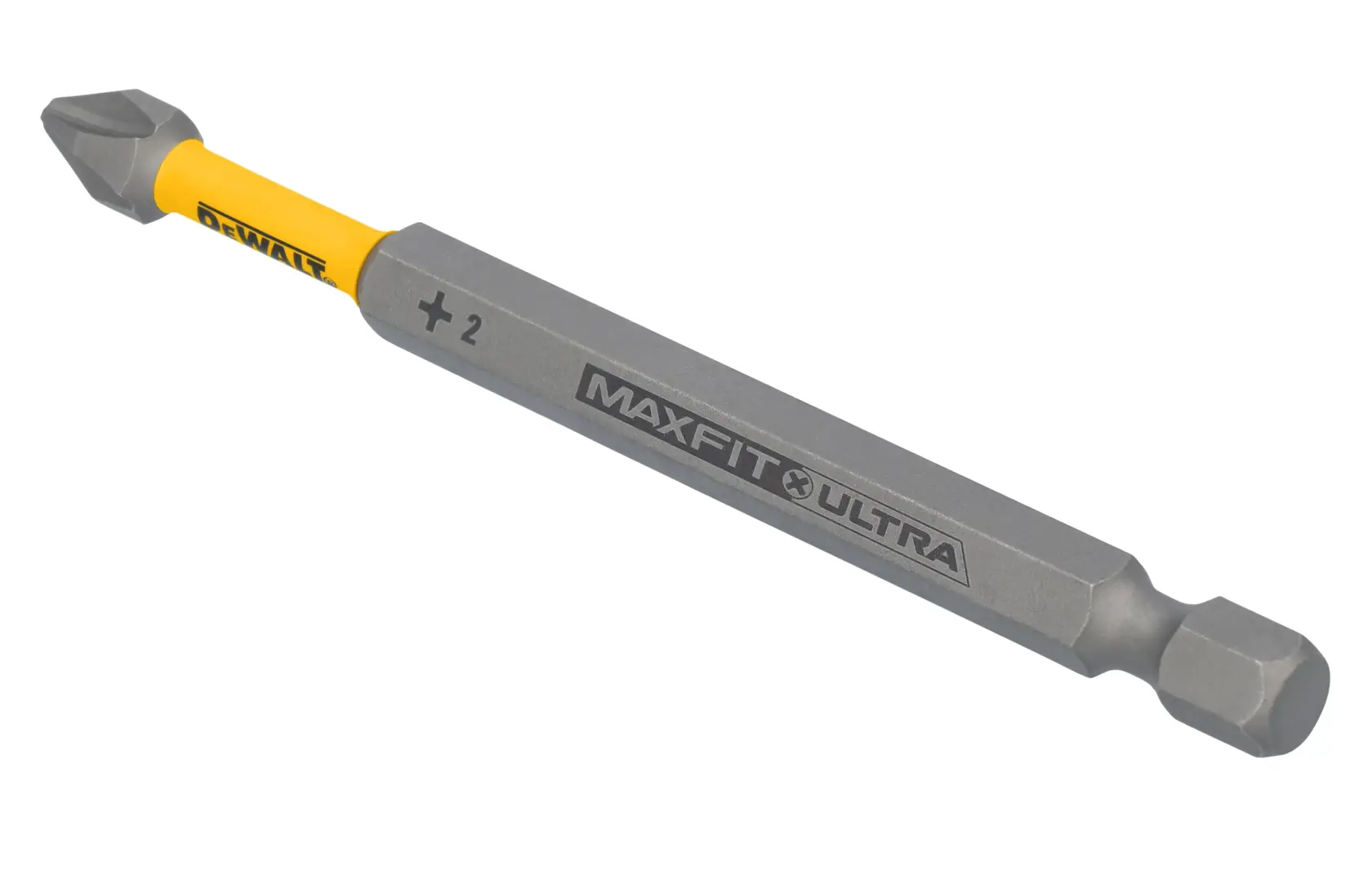 A DEWALT MAXFIT ULTRA Phillips screwdriver bit with a yellow shank and hexagonal ends, labeled with size number 2.