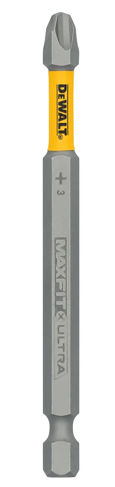 A DEWALT MaxFit Ultra Phillips screwdriver bit with a yellow and silver color scheme, marked with a plus symbol and number 3, designed for use with power tools.