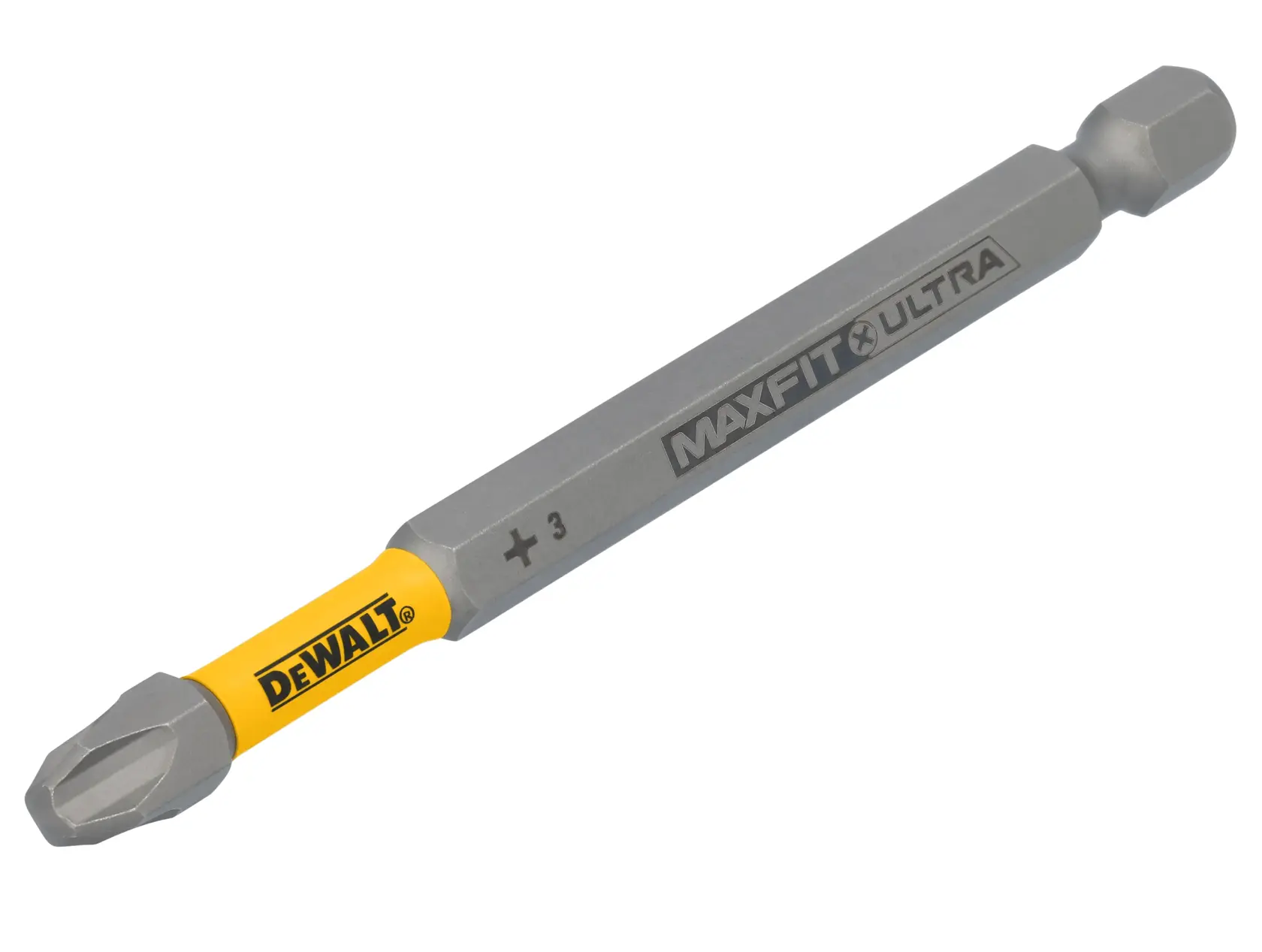 A DEWALT MaxFit Ultra screwdriver bit with a yellow accent, designed for Phillips head screws. The bit is labeled with the DEWALT logo and 'MAXFIT ULTRA'.