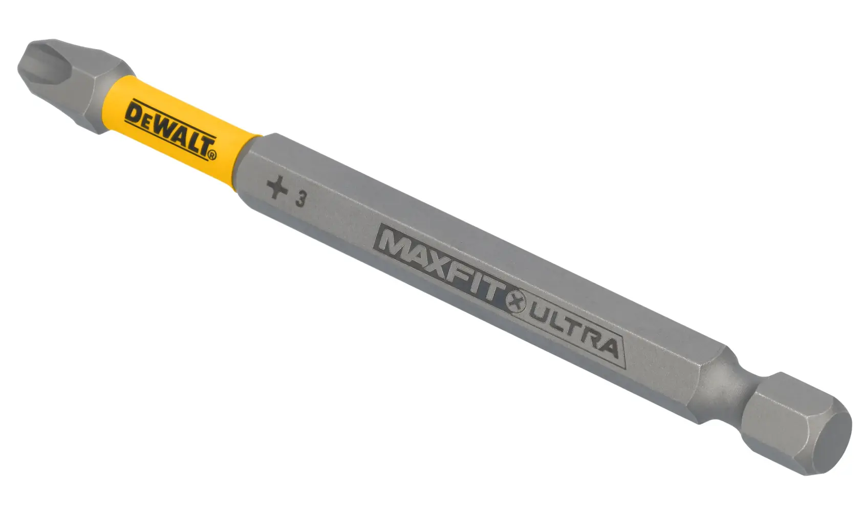 A DEWALT MaxFit Ultra screwdriver bit, size PH3, designed for use with power tools. The bit has a yellow section with the DEWALT logo and is labeled with MaxFit Ultra branding.