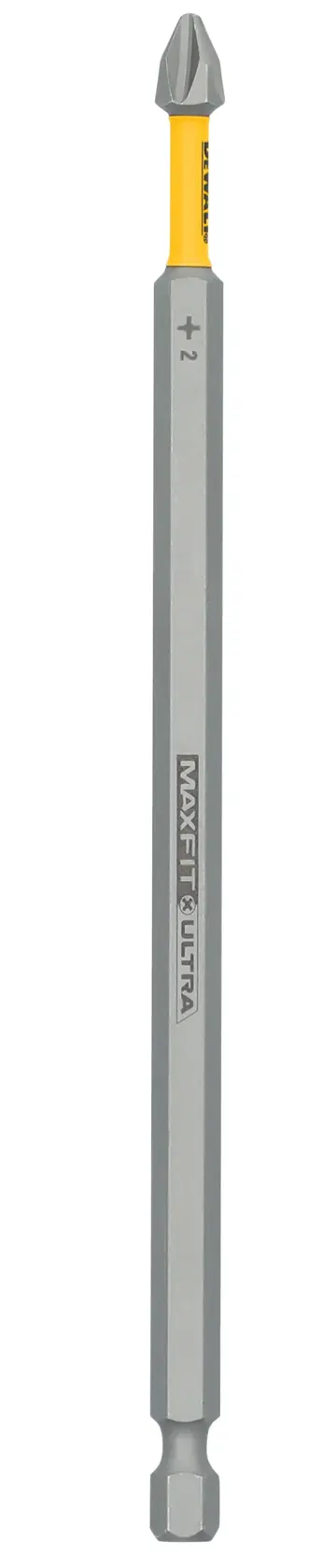 A DEWALT MaxFit Ultra Phillips #2 screwdriver bit with a long shaft and hexagonal base, designed for power tools.