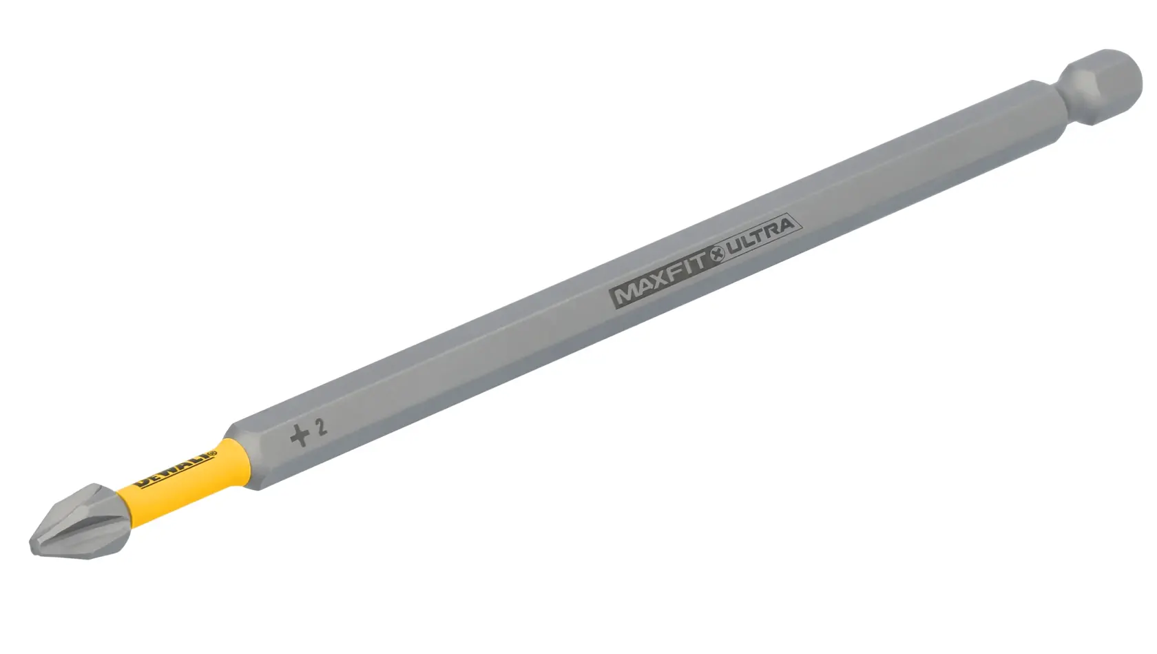A DEWALT MaxFit Ultra Phillips #2 screwdriver bit with an extended length and a yellow accent near the tip, designed for use with power tools.