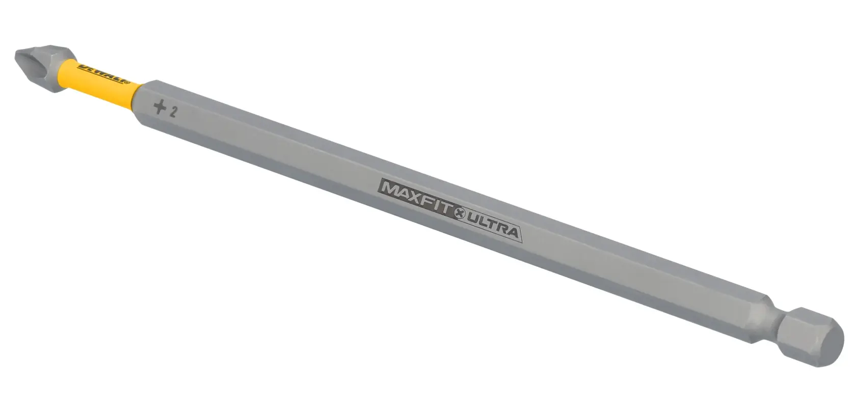 A DEWALT MaxFit Ultra screwdriver bit with a Phillips head, featuring a long shaft and yellow accent near the tip. The product is labeled with '+2' and 'MAXFIT ULTRA'.