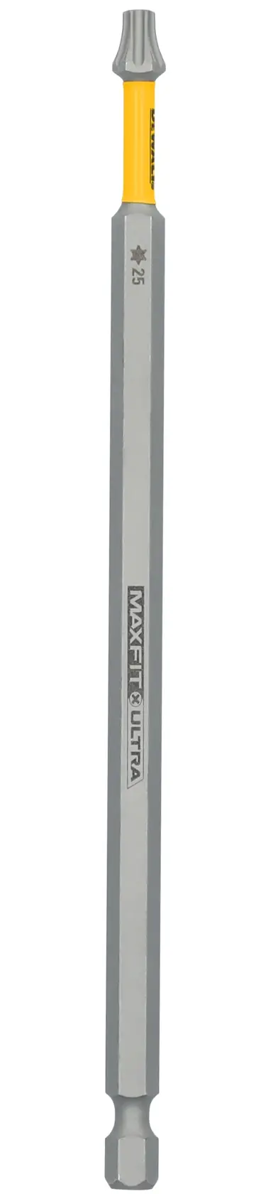 A single DEWALT MAXFIT ULTRA long screwdriver bit with a star-shaped TORX tip, size TX25. The shaft is silver with a yellow accent, and has product markings along its length.
