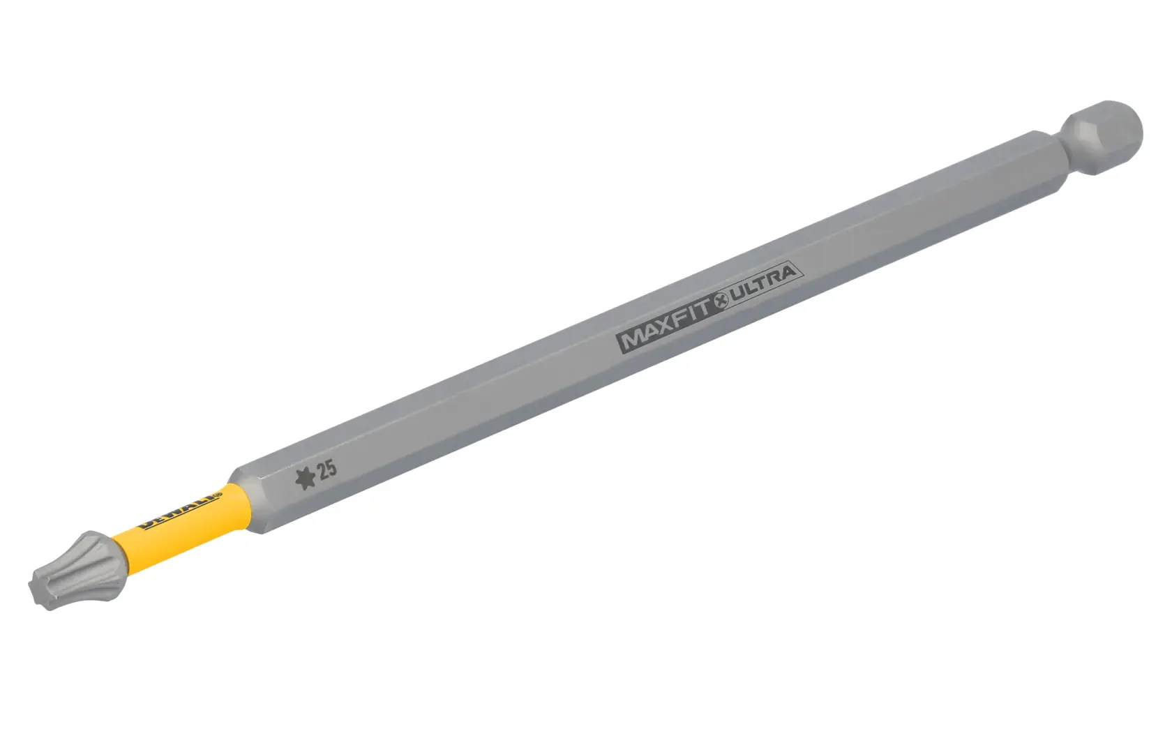 A DEWALT MaxFit Ultra long screwdriver bit with a Torx TX25 head and a hex shank, designed for power tools. The bit is gray with a yellow section near the tip.