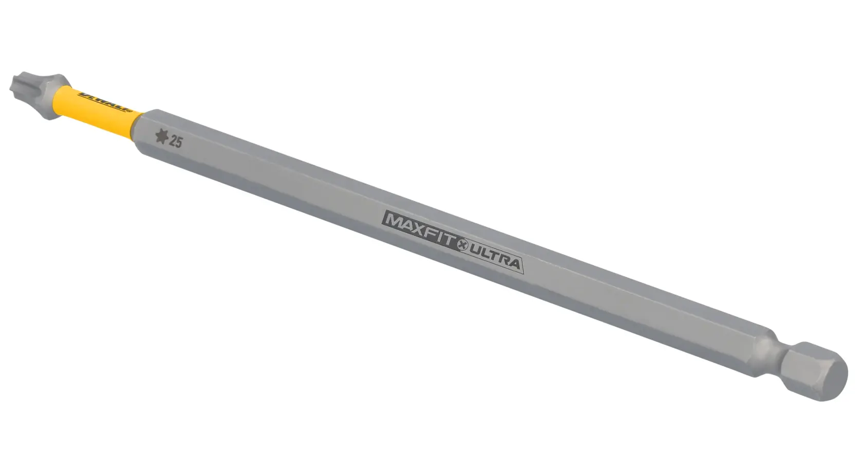 A DEWALT MaxFit Ultra Torx T25 screwdriver bit with a long shaft and hex shank, designed for use with power tools.