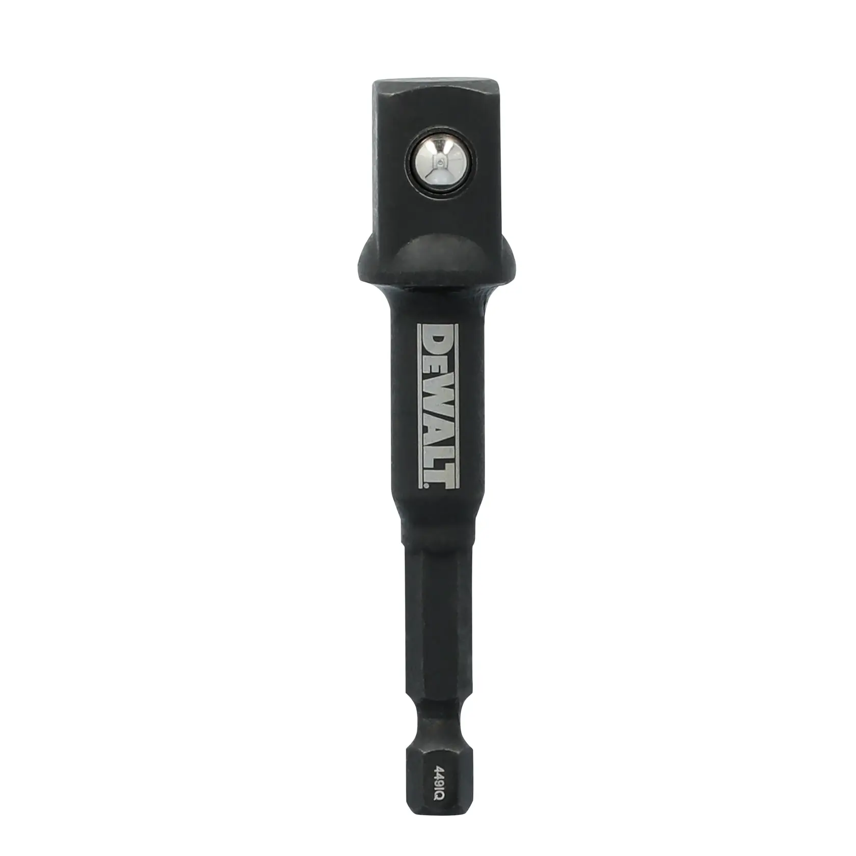A DEWALT branded square drive socket adapter for power tools, featuring a black finish and a hex shank.