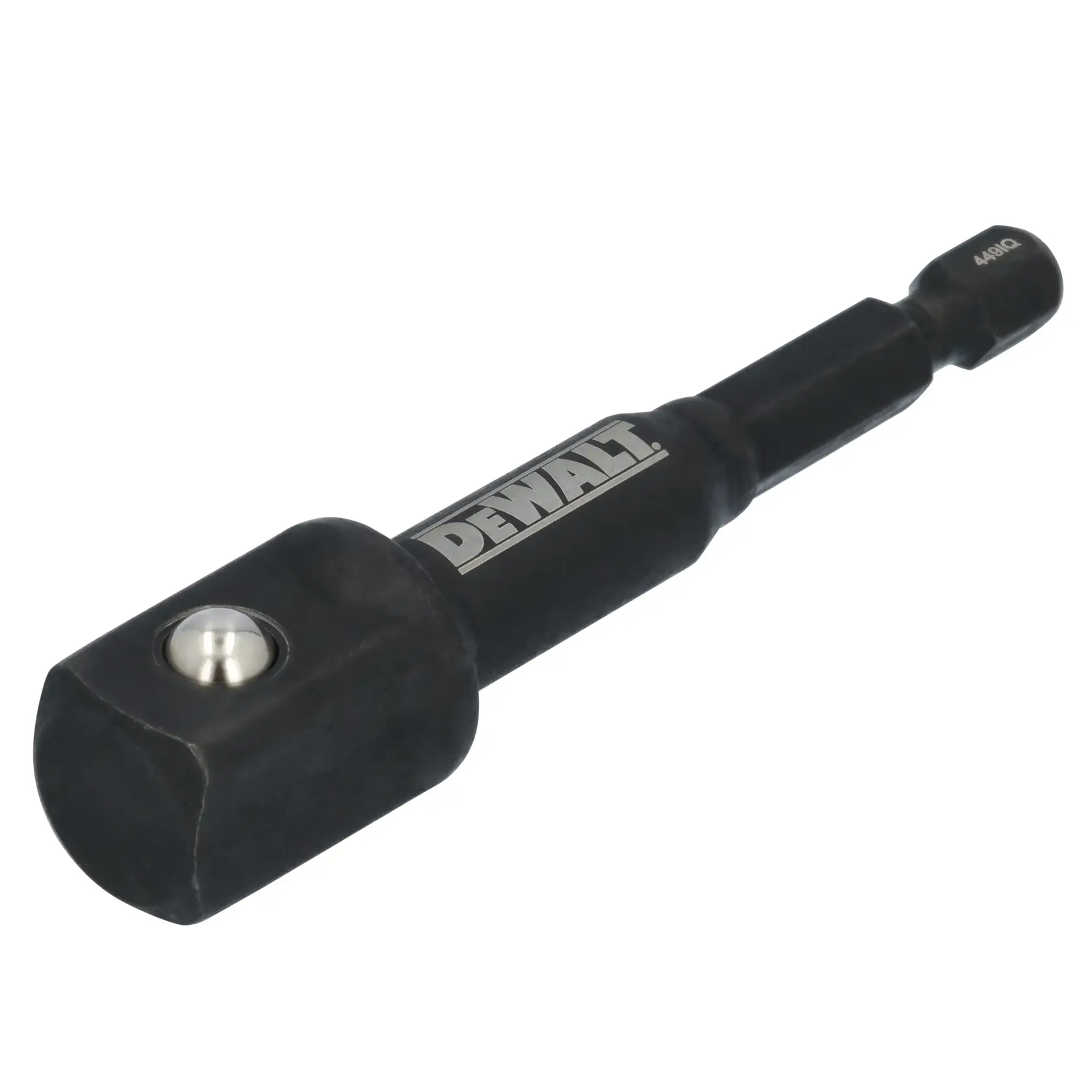 A DEWALT branded black hex socket adapter for power tools, designed for connecting a drill or driver to sockets.
