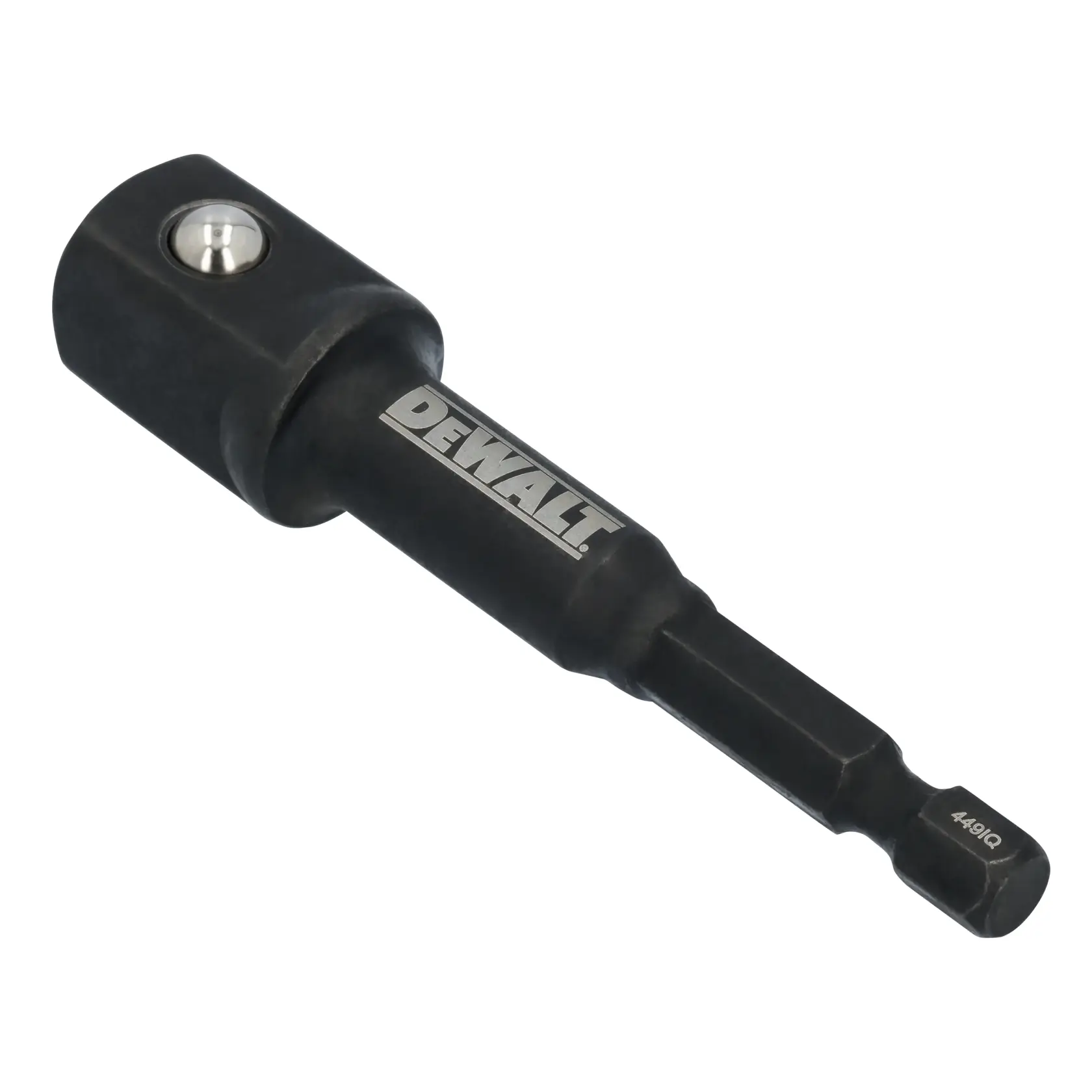 A DEWALT branded black drill adapter with a hex shank and socket attachment, photographed against a white background.