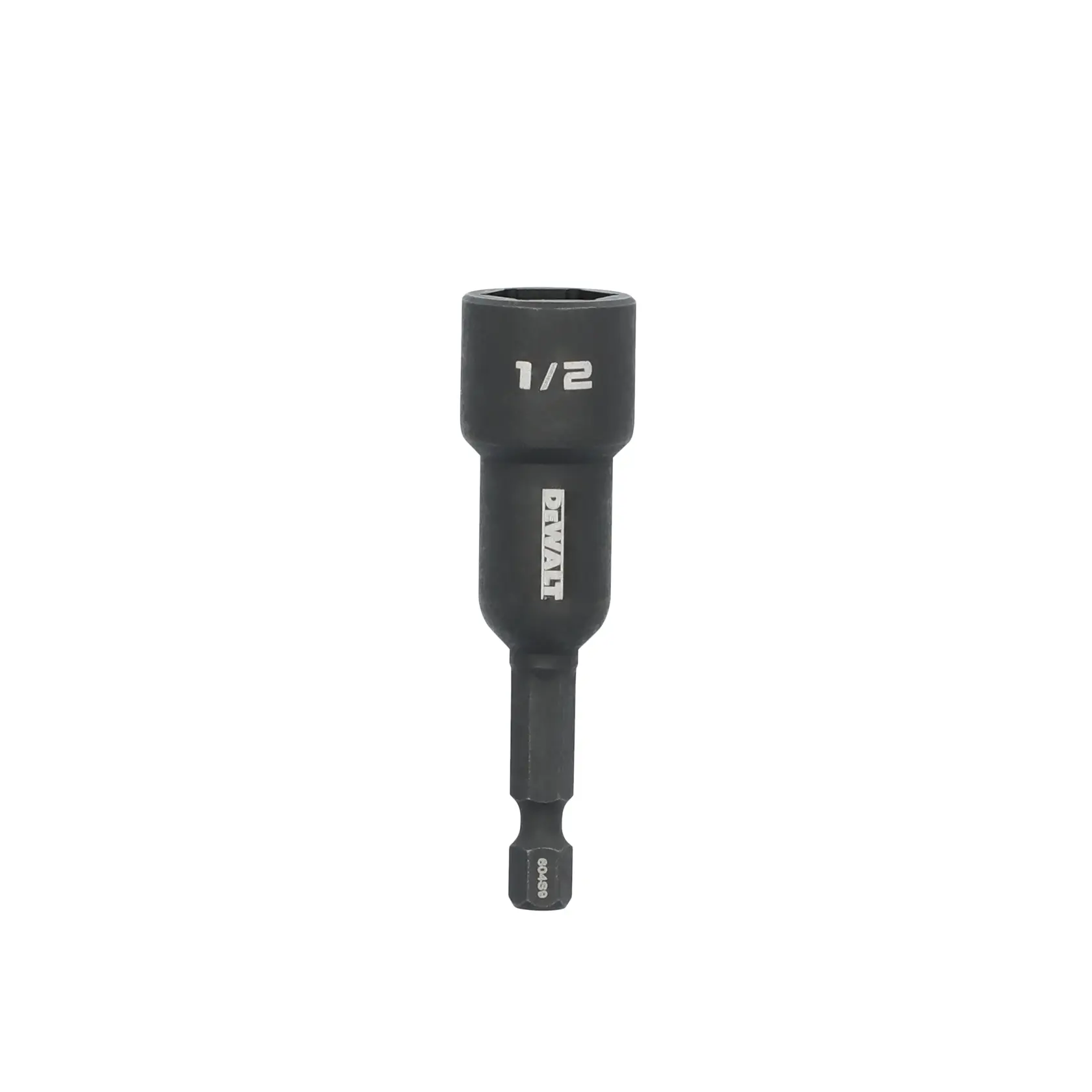 DEWALT DWAFE12ND black 1/2 inch nut driver bit, tool accessory, front angle on white background.